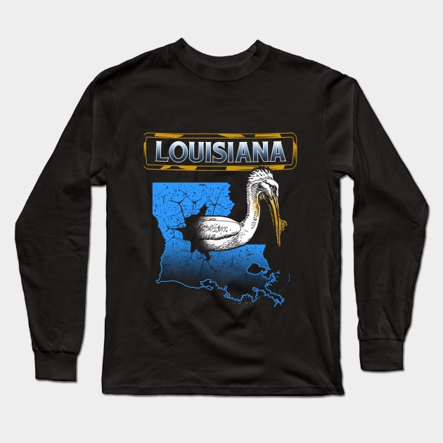 Louisiana Blue Map and Pelican Bird Long Sleeve T-Shirt by jaybeebrands